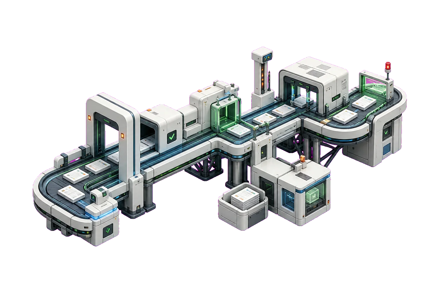 Abstract conveyor workflow moving software work through review and release stages